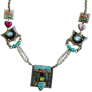 Ayala Bar AB BOHO Necklace Heart Glass Beaded Designer Blue Crystal jeweled 17"